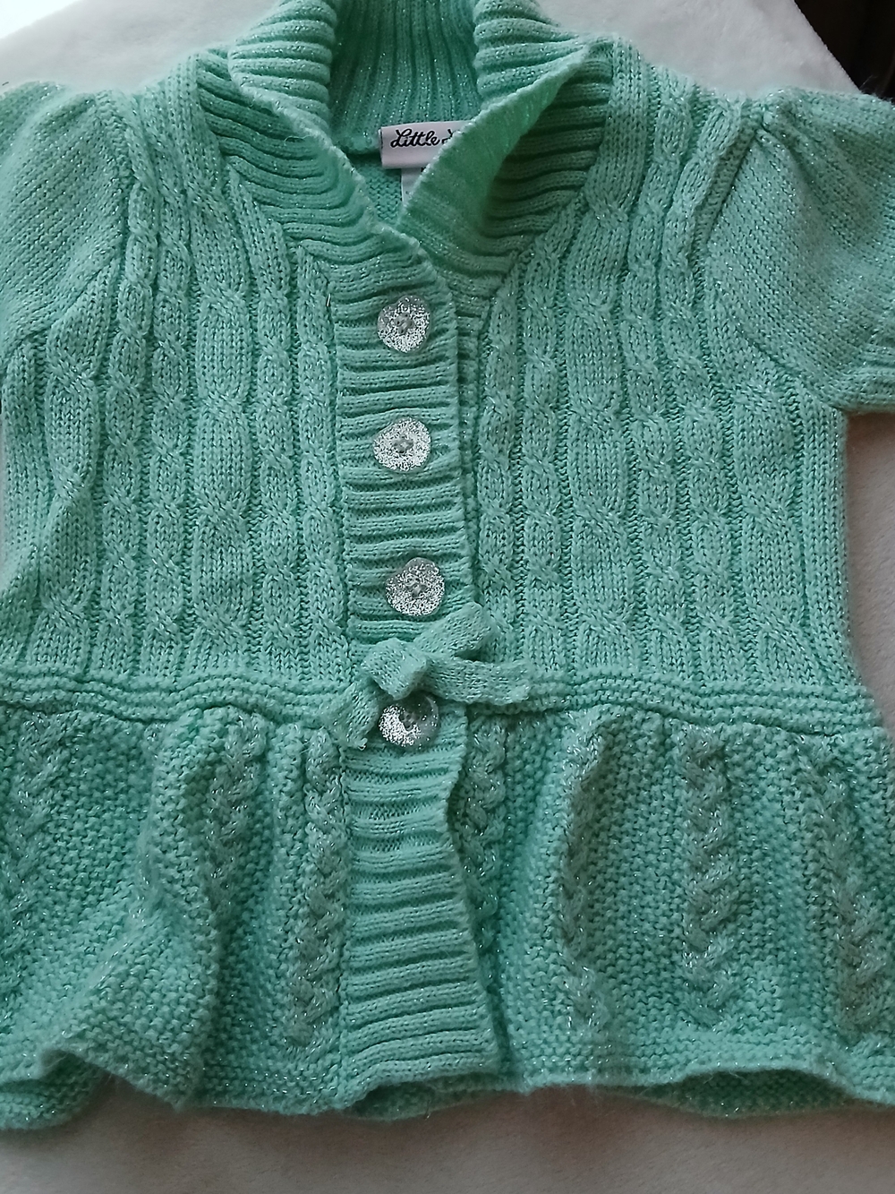 Little Lass Girls' 2T Mint Green Cable Knit Cardigan, EUC